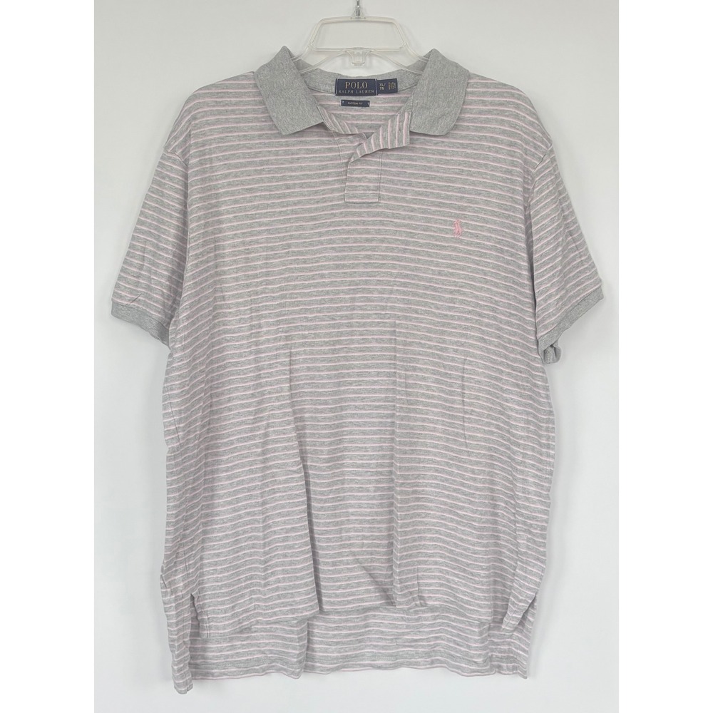 Polo Ralph Lauren Mens XL Custom Fit Gray Pink Striped Short Sleeve Polo Shirt